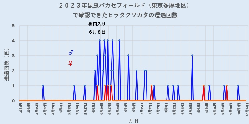 2023年4月～10月　東京多摩地区のクヌギ、ヤナギ等の樹液で確認できたヒラタクワガタ数_231020